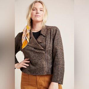 Anthropologie MARRAKECH Marni Leopard Moto Jacket Sz M Faux Suede Leather Brown